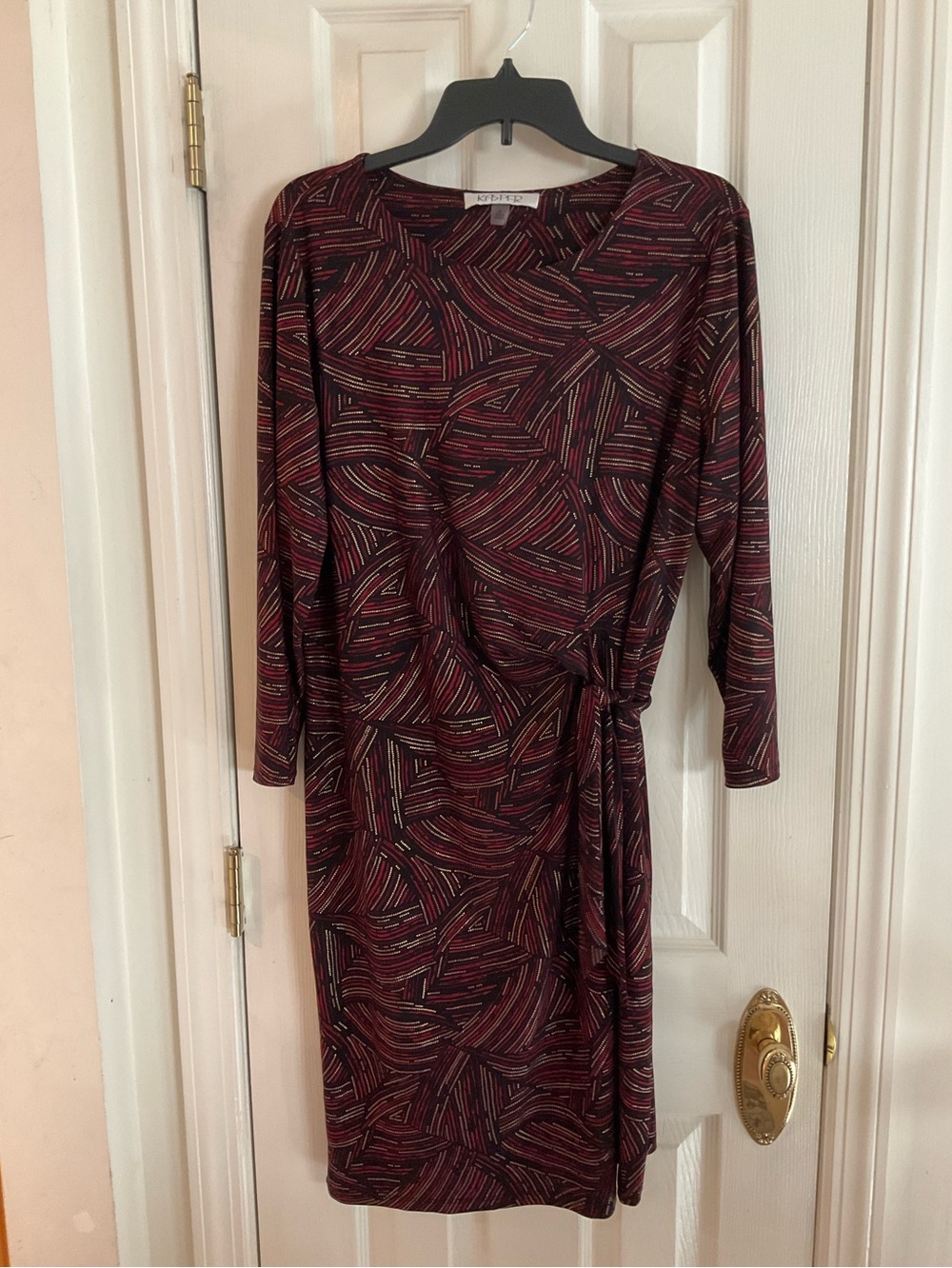 Kasper Red, Black and Gold Print Long Sleeve Mock Wrap Dress with Side Tie, XL